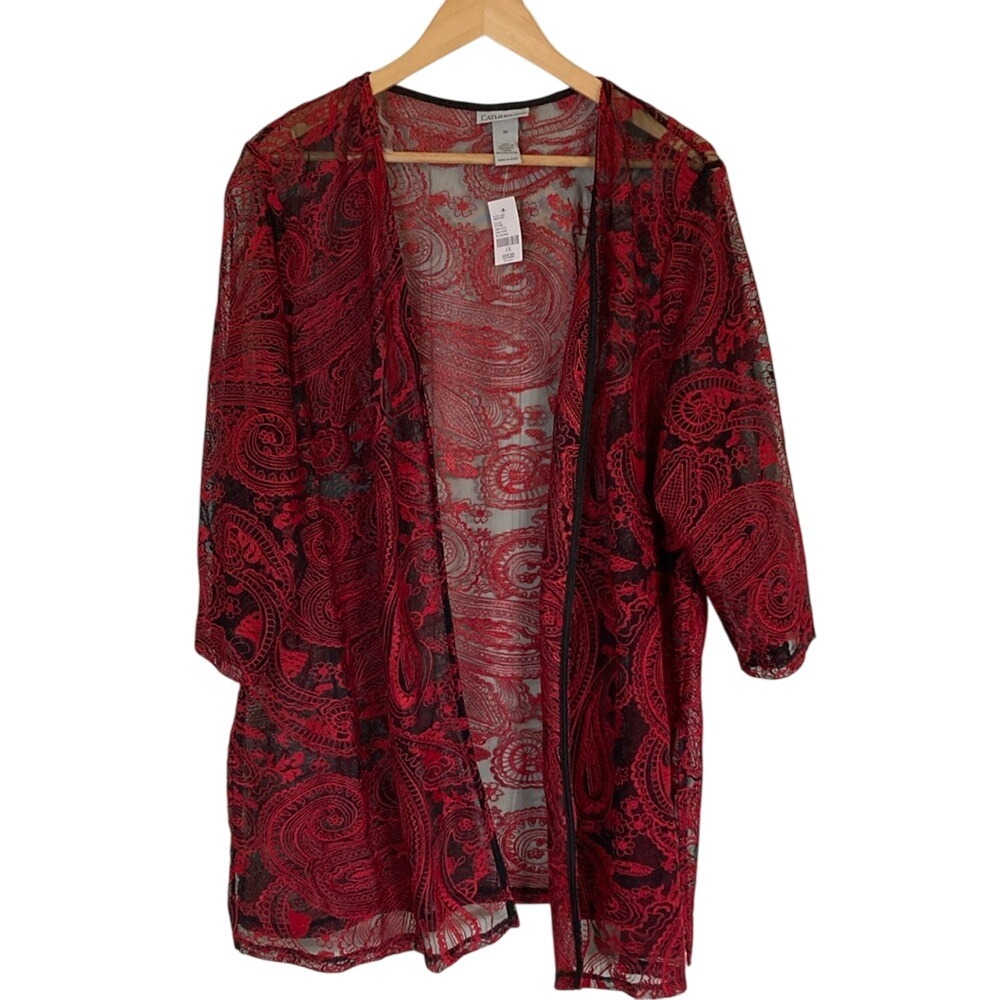 Catherines Womens Red‎ Paisley Sheer Kimono Cardigan Size 1X 3/4 Sleeve Boho